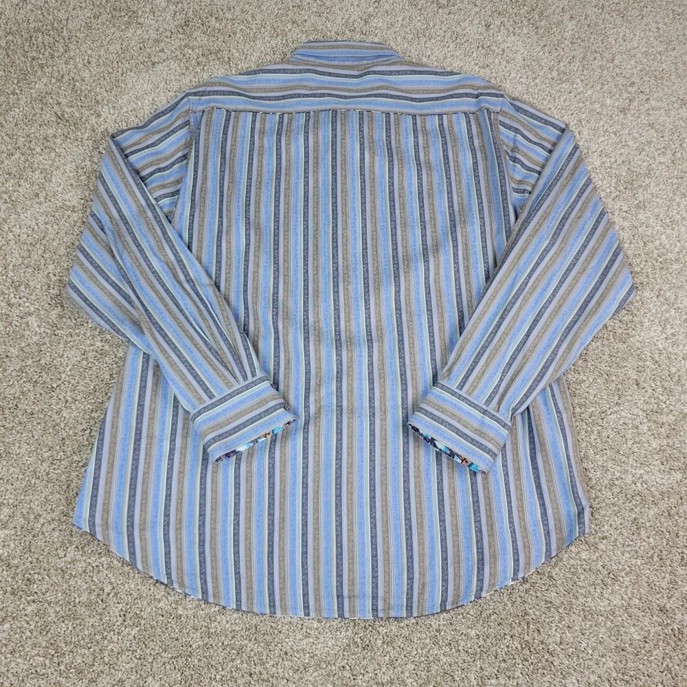 Robert Graham Button Down Shirt Mens 2XL Blue Tan Striped Paisley Flip‎ Cuff L/S